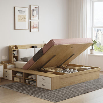 Multi-Storage Cal King Ottoman Bed with Drawers and Bookcase Headboard